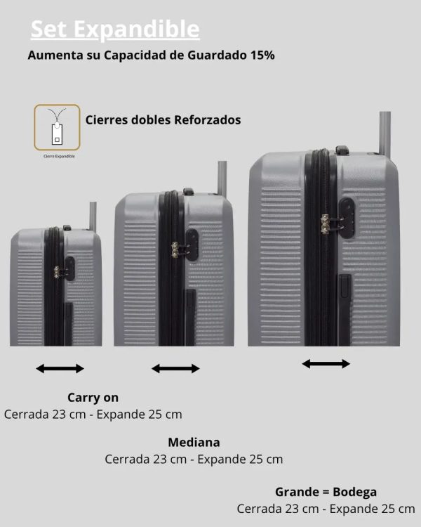 Set de 3 valijas rígidas con 4 ruedas 360° – grande, mediana y chica